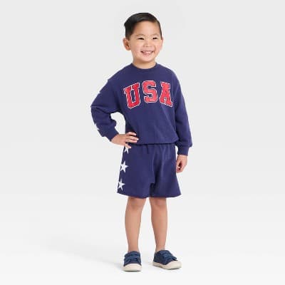 Grayson Mini Toddler Boys' 2pc 4th of July USA Crewneck Sweatshirt & Shorts Set - Navy Blue 3T