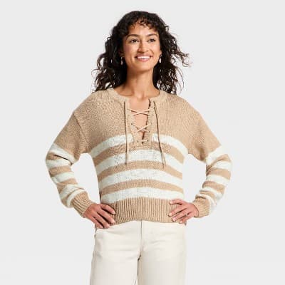 Women's Lace Up Crewneck Pullover Sweater - Universal Thread™ Oatmeal Striped L