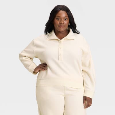 Women's Button-Front Pullover Sweatshirt - Universal Thread™ Cream 2X