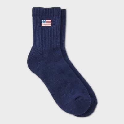 Women's Ribbed Cushioned Embroidered Flag Mid Crew Socks - Navy Blue 4-10