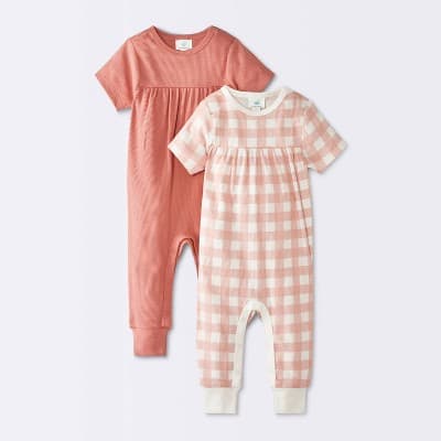 Baby Girls' 2pk Gingham Jacquard Short Sleeve Romper - Cloud Island™ Pink 6-9M