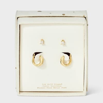 14K Gold Dipped Cubic Zirconia Gem Huggie Hoop and Stud Earring Set 2pc - A New Day™ Gold