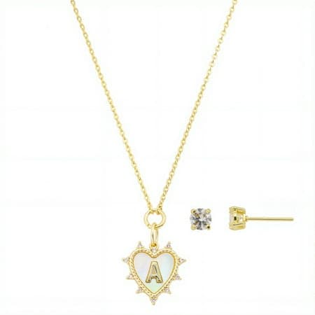 Believe by Brilliance Women's 14Kt Gold Flash Plated Mother of Pearl and Cubic Zirconia Heart "A" Necklace and Earring Set