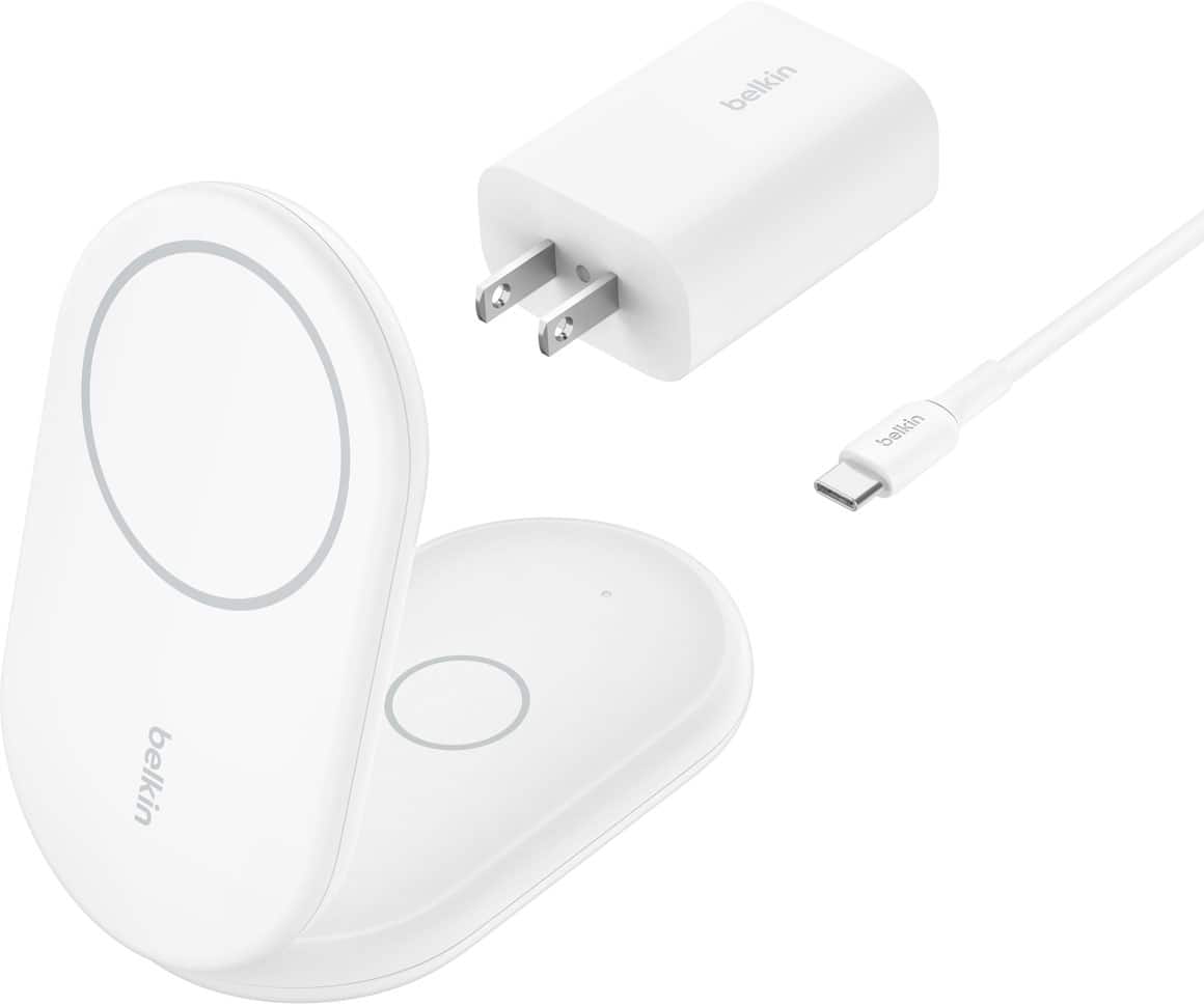 Belkin - 2-in-1 Magnetic Foldable Wireless Charger with Qi2 15W Stand, MagSafe Compatible for iPhone & AirPods - White