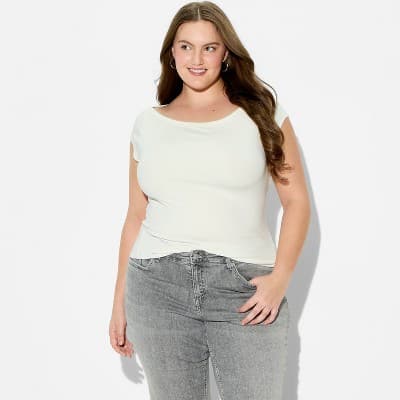 Women's Short Sleeve Lapped Neckline T-Shirt - Wild Fable™ Cream 2X