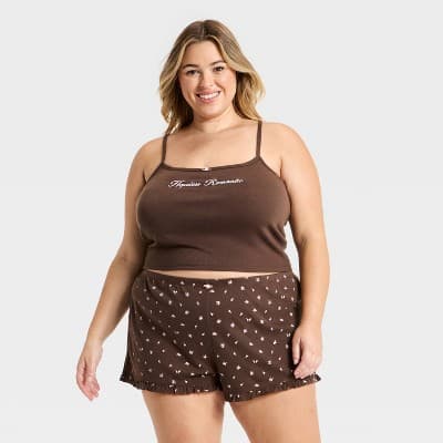 Women's Pointelle Tank Top and Shorts Pajama Set - Wild Fable™ Brown 1X