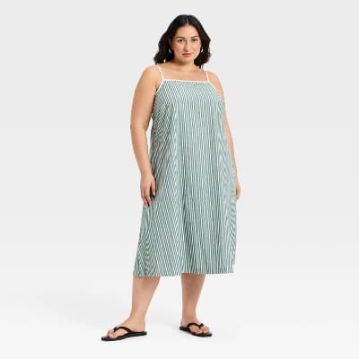 Women's Plus Sleeveless Midi A-Line Dress - Ava & Viv™ Green Pinstripe 4X