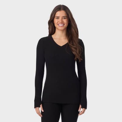 Warm Essentials by Cuddl Duds Women's Textured Fleece Thermal V-Neck Top - Black M