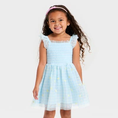 Toddler Girls' Embroidered Lemon Tulle Dress - Cat & Jack™ Light Blue 12M