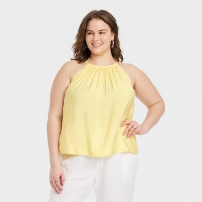 Women's Woven Tank Top - A New Day™ Yellow 4X: Halter, Back Slit, Lightweight, Plus Size