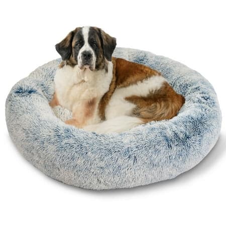 Best Friends by Sheri Original Calming Donut Dog and Cat Bed, Shag Faux Fur, Denim Blue, XL (45in x 45in) - Anxiety Relief for Pets Up to 150 lbs