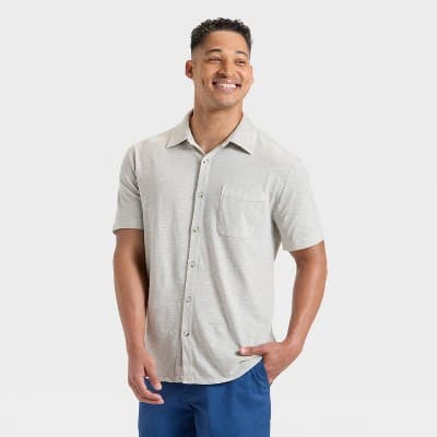 Men's Short Sleeve Slub Button-Down Shirt - Goodfellow & Co™ Stone XL