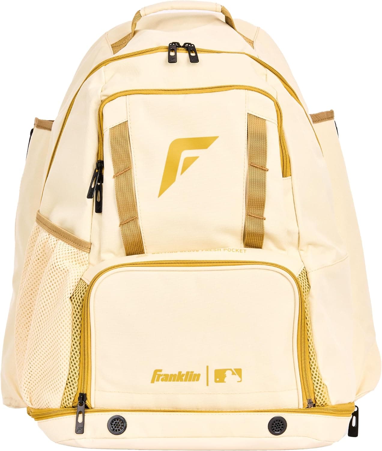 Franklin Sports MLB Gameday Baseball + Softball Backpack – Adult +Youth Equipment + Bat Bag – Stores Batting Gloves, Helmet, Cleats + More - Waterproof Premium Batpack – Vanilla/Gold