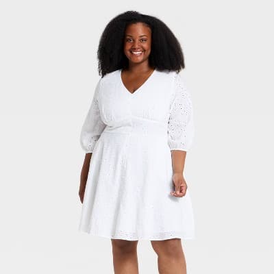 Women's Plus Balloon 3/4 Sleeve Button-Front Short Flare A-Line Dress - Ava & Viv™ White Eyelet 4X