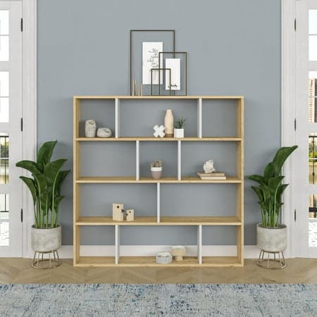 Ada Home Decor Hobdi 4 Tier Open Shelf Cube Modern Bookcase, Oak/White