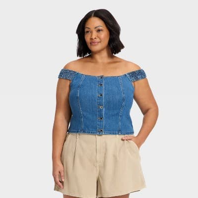Women's Off the Shoulder Denim Top - Universal Thread™ Dark Wash 2X