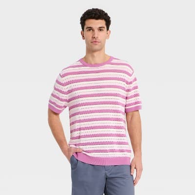 Men's Crewneck Shawl Sweater - Goodfellow & Co™ Pink Striped L