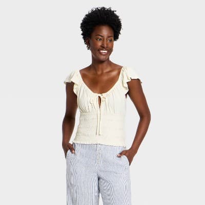 Women's Flutter Short Sleeve Smocked Knit Scoop Blouse - Universal Thread™ Cream XL