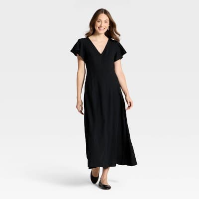 Women's Flutter Short Sleeve Maxi Pullover A-Line Dress - Universal Thread™ Black XS