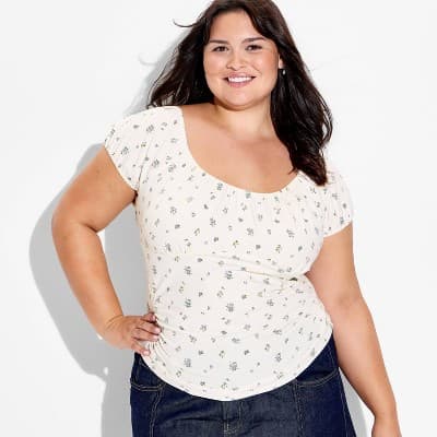 Women's Cap Sleeve Scoop Neck Emma Top - Wild Fable™ Off-White Floral 1X