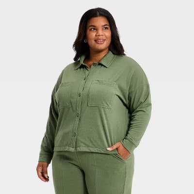 Women's Lightweight Fleece Collared Button-Down Shirt - Universal Thread™ Olive Green 2X
