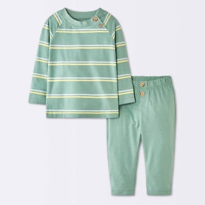 Baby Boys' 2pc Striped Raglan Long Sleeve T-Shirt and Pants Set - Cloud Island™ Green Newborn