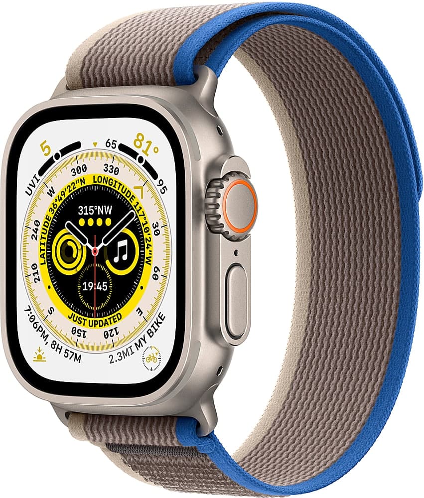 Apple Geek Squad Certified Refurbished Watch Ultra (GPS + Cellular) 49mm Titanium Case with Blue/Gray Trail Loop - M/L - Silver - (2022)