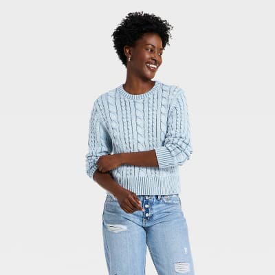 Women's Western Cable Crewneck Pullover Sweater - Universal Thread™ Blue L