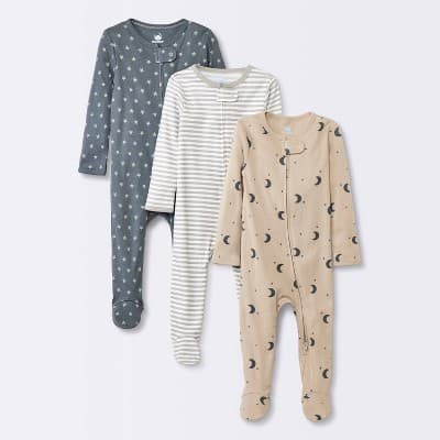 Baby 3pk Cotton Moons Sleep N' Play - Cloud Island™ Gray 3-6M: Footed Pajamas, Covered Zipper, Mitten Cuff, Machine Washable