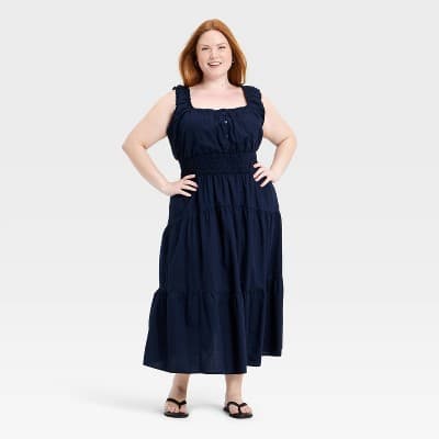 Women's Sleeveless Button-Front Smocked Maxi Empire Waist Dress - Universal Thread™ Navy Blue XXL