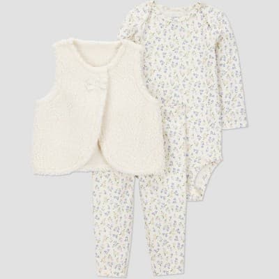 Carter's Just One You® Baby Girls' 3pc Floral Faux Shearling Vest with Bodysuit and Leggings Set - Cream 18M