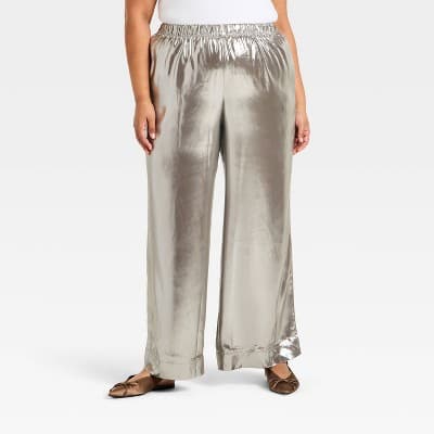 Women's Metallic Foil Pull-On Pants - A New Day™ Silver 3X