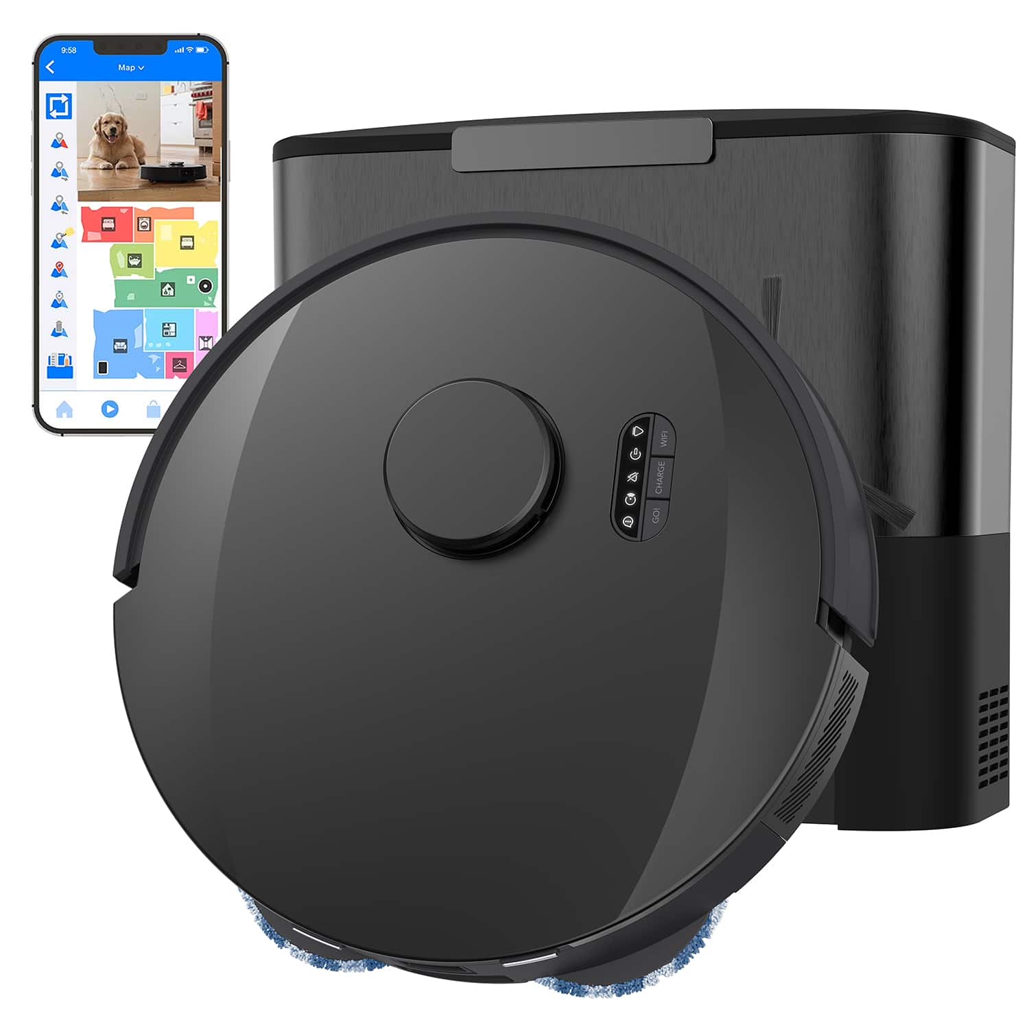 bObsweep - UltraVision Pet Combo Robot Vacuum, 25,000Pa Suction, Spin Mops, 1.5 Gal 180-Day Dock, App and Voice Control, Hi-Res Cam - Gunmetal