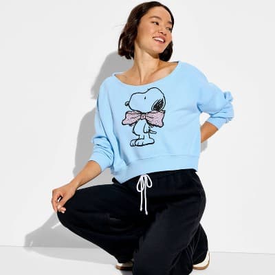 Women's Snoopy Bow Graphic Pullover Sweatshirt - Blue M
