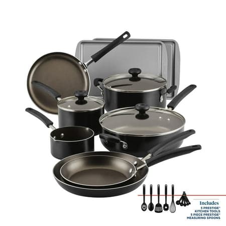 Farberware Easy Clean 22 Pcs Nonstick Cookware Set Includes Griddle Pan and Cooking Tools, Dishwasher Safe, Black