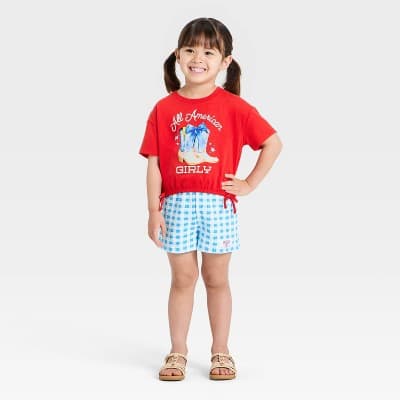 Toddler Girls' 2pc 4th of July "All American Girly" Cowgirl Boots T-Shirt & Gingham Shorts Set - Red 3T