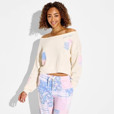 Women's Patchwork Off the Shoulder Graphic Pullover Sweatshirt - Pastels XXL