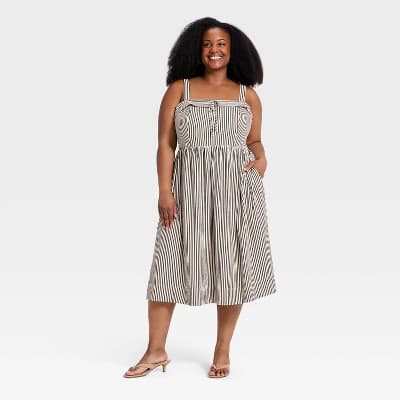Women's Plus Wide Strap Sleeveless Scoop Tie-Front Midi A-Line Dress - Ava & Viv™ Cream/Black Striped 4X