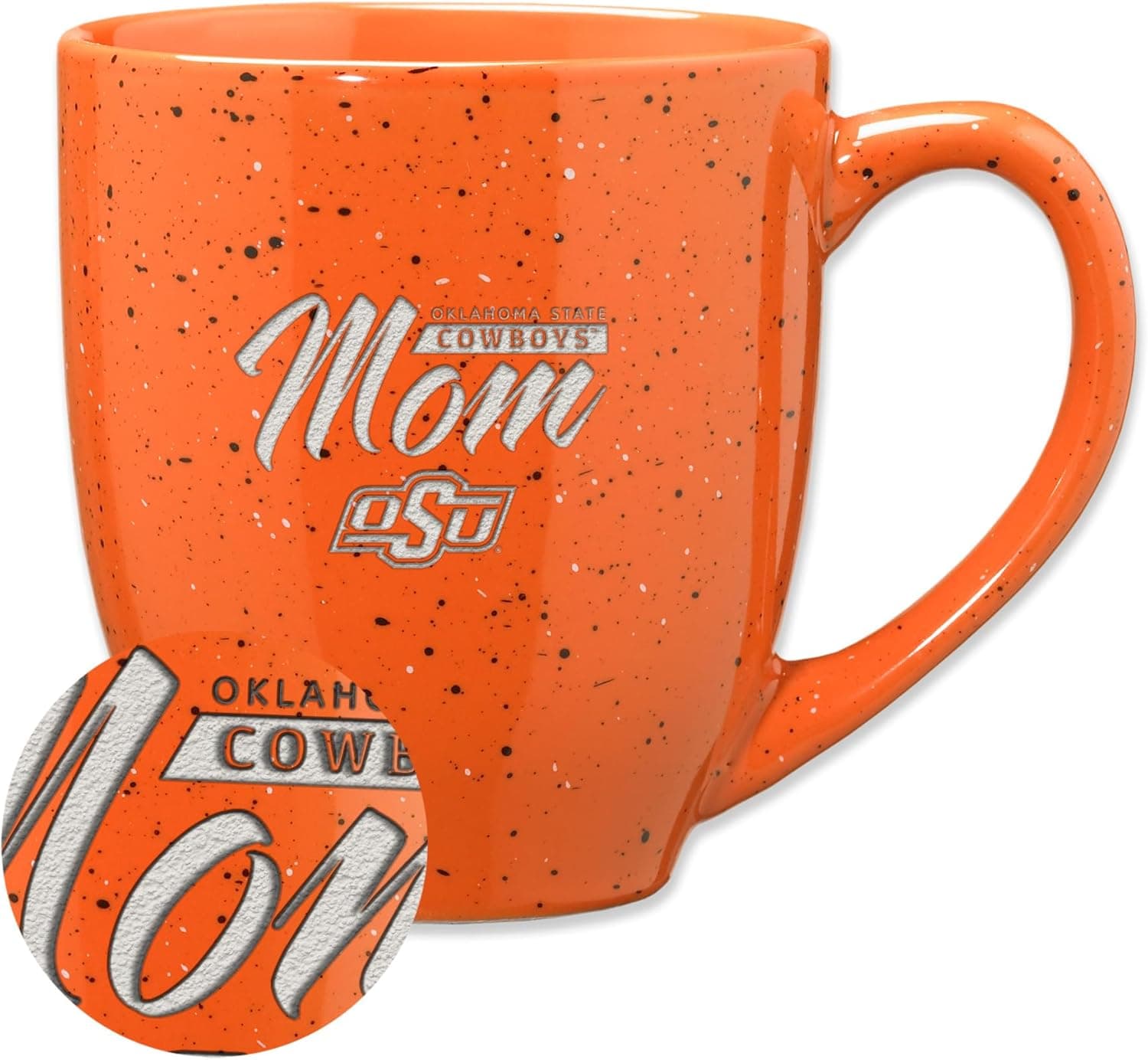 Rico Industries NCAA Oklahoma State Cowboys Mom 16 oz Team Color Laser Engraved Speckled Ceramic Coffee Mug