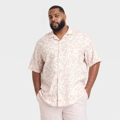 Men's Big & Tall Vacay Short Sleeve Challis Camp Shirt - Goodfellow & Co™ Pink LT: Floral Botanical Pattern, Standard Fit
