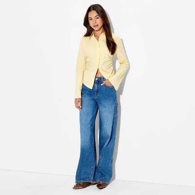 Women's Slim Fit Bell Long Sleeve Collared Button-Down Shirt - Wild Fable™ Yellow S