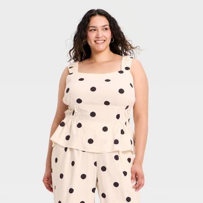 Women's Ruched Printed Linen Top - A New Day™ Off-White Polka Dots 2X