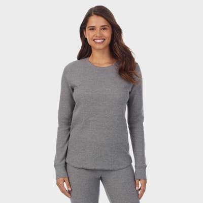 Warm Essentials by Cuddl Duds Women's Waffle Thermal Crewneck Pajama T-Shirt - Graphite Heather L