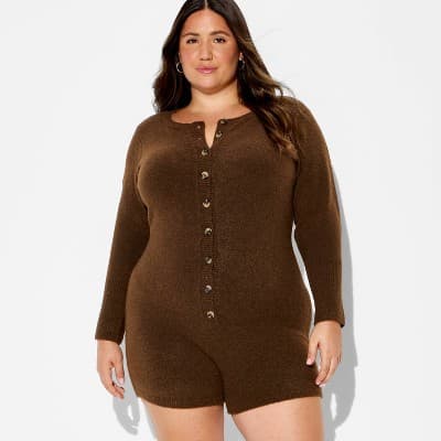 Women's Long Sleeve Sweater Romper - Wild Fable™ Brown 4X