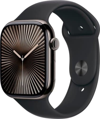 Geek Squad Certified Refurbished Apple Watch Series 10 (GPS+Cellular) 46mm Titanium Case with Black Sport Band - M/L - Slate - (2024)