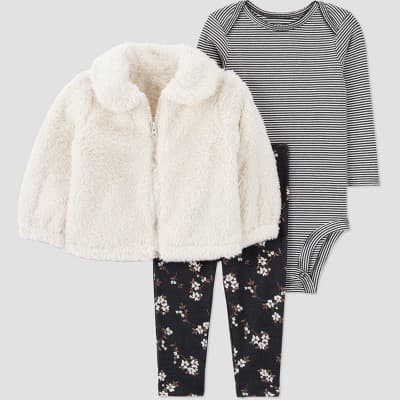 Carter's Just One You® Baby Girls' 3pc Faux Shearling Jacket with Long Sleeve Bodysuit and Floral Leggings Set - Black 3M