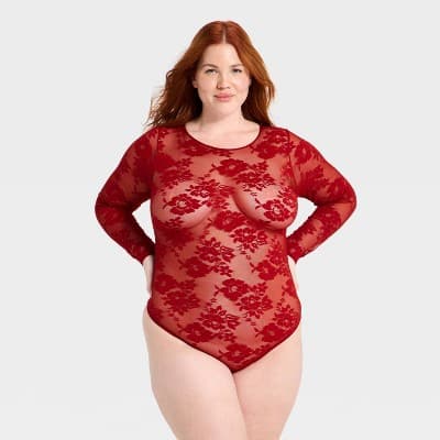 Women's Lace Long Sleeve Lingerie Bodysuit - Auden™ Red 2X