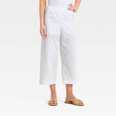 Women's Cropped Straight Leg Eyelet Pull-On Pants - A New Day™ White XL