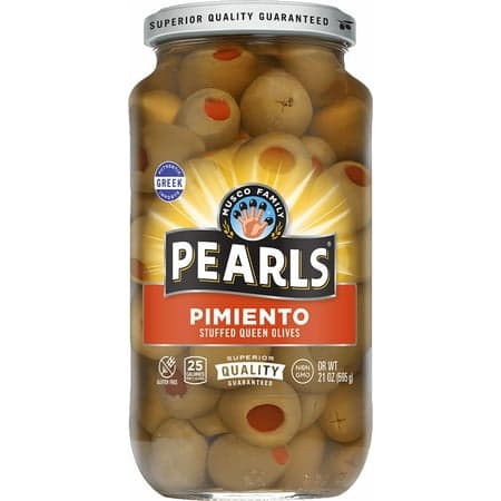 Pearls Pimiento Stuffed Manzanilla Olives, 21 oz. Jar. Major Allergens Not Contained.