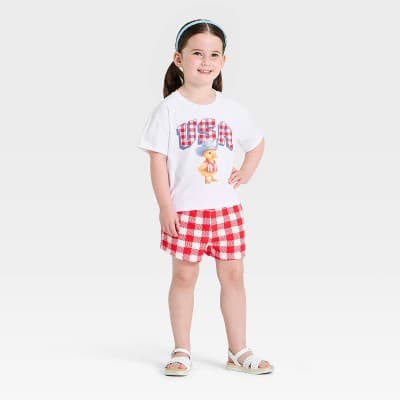 Toddler Girls' 2pc 4th of July Duck Gingham T-Shirt & Shorts Set - White/Red 5T